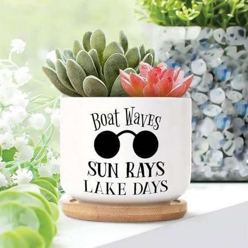 Yelolyio Boat Waves Sun Rays Lake Days Planters Ceramic Christian Quote Round Plant Pots With Drainage Holes And Bamboo Tray Pot For Indoor Outdoor Garden