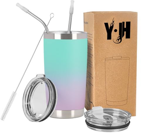 Y·JH 20oz (550ml) Taza Termo Cafe Para Llevar - Vaso Con Pajita - Taza Térmica de Acero Inoxidable Reusable - 2 Tapas a Prueba de Salpicaduras Pajitas - Cian&Violeta