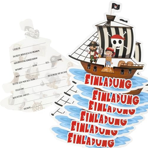 12x Piraten Einladungskarten Kindergeburtstag, Deutsche Piratenschiff Aussehen Einladungskarte, Piraten Geburtstag Einladung, Piratenparty Kindergeburtstag, Mädchen und Jungen Geburtstagseinladungen