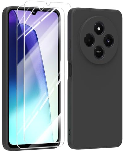 MIKULLE Hülle für Xiaomi Redmi 14C 4G / Redmi A4 5G HandyHülle + 2 Stück Schutzfolie,Dünn Weiche Liquid Silikon TPU Stoßfeste Schutzhülle mit Microfiber Case - Schwarz