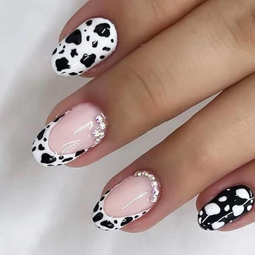 Almond Fake Nails Short - 24PCS French Tip False Nails - Black White Press On Nails With Cow print Pearl - Removable Full Cover Acrylic Glossy Nail Tips - Oval Stick On Nails For Women Girls Nail Art
