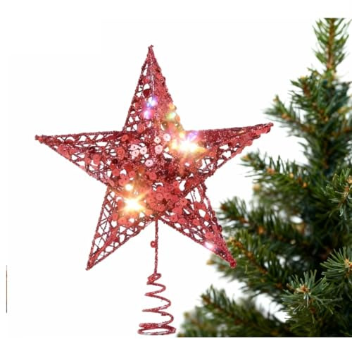 Cabilock Weihnachtsbaumspitze Rot Stern - 15cm Christbaumspitze aus Metall Glitzer, Bruchsichere Baumspitze für Weihnachtsbaum, Kleine Tannenbaumspitze, Rote Weihnachtsdeko Spitze