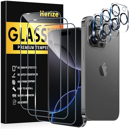 Herize 3 Pack Screen Protector for iPhone 16 Pro with 3 Pack Camera Lens Protector, 6.3 Inch HD Clear 9H Hardness Tempered Glass Film, Scratch Resistent, Easy Installation, Bubbles Free