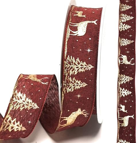 s.dekoda Schleifenband 15m x 25mm Weinrot - Gold Hirsch Tanne Geschenkband Dekoband Motivband [D51440]