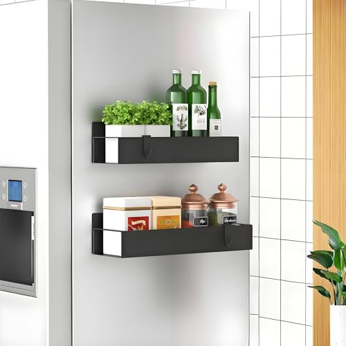 KedioPio Magnetic Spice Rack for Fridge, 2 Pack Strong Magnetic Shelves for Refrigerator, Metal Magnet Spice Rack Seasoning Jar Shelf with 4 Hooks for Kitchen Storage and Organisation, Black