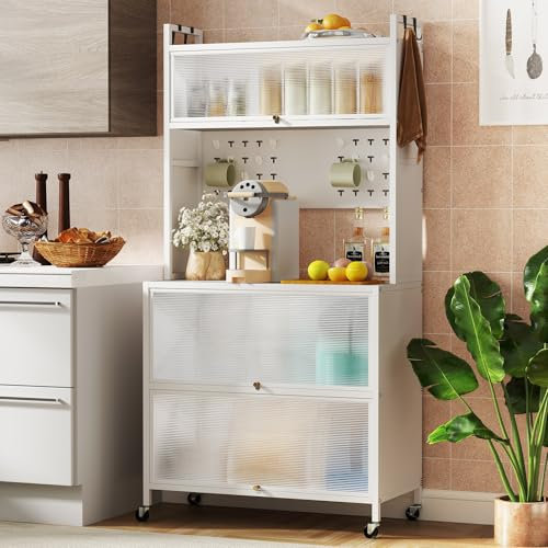 TANGZON 5/6 Tier Kitchen Cabinet, Rolling Kitchen Baker's Rack with Translucent Flip Doors, Pegboard, Hooks & Wheels, Microwave Stand Pantry Cupboard Unit (White, 5 Tier, 80x40x163cm)