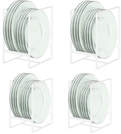 QUMENEY 4 Pack Plate Storage Racks Plate Holders Organizers Upright Dish Drying Racks Plate Stand for Kitchen Cupboard Countertop Cabinet (White)