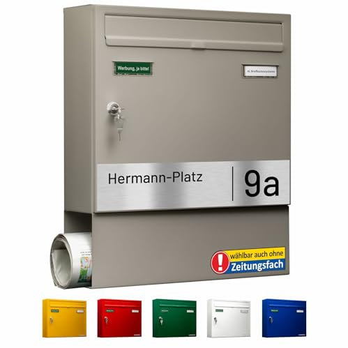 AL Briefkasten Systeme Basic-Line 1er Briefkasten personalisiert mit Namen Schild Straße und Hausnummer - Postkasten Grau modern mit Zeitungsfach - Gravur wetterfest Wandbriefkasten Zaunbriefkasten