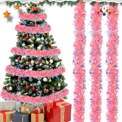 SULOLI 6 Meter Weihnachtsgirlande rosa,Tannengirlande,Weihnachtsbaum Lametta Girlande für Indoor Außen und Treppe Weihnachtsdeko