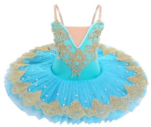 Abbigliamento da balletto per bambine 3-14 anni per danza: Tulle Pailette Abito da balletto con spalline regolabili - Vestito da danza per bambini per pattinaggio artistico, Blu, 7-8 Anni