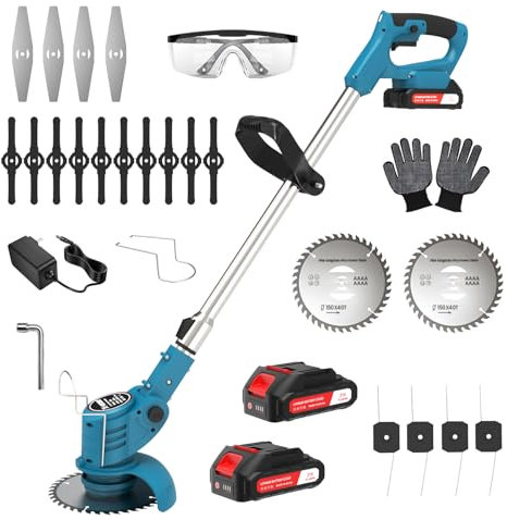Tagliaerba a batteria - Tagliaerba a batteria con 2x1500mAh di batteria, 60 minuti di autonomia, 4 lame, manico regolabile, tagliaerba a batteria per lavori di poda nel giardino, Blu