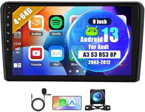 4+64G Car Stereo for Audi A3 S3 RS3 8P 2003 2004 2005 2006 2007 2008-2012 Fit for Apple Carplay Android Auto GPS Navi with 9in Touchscreen WiFi Bluetooth RDS Mirror Link SWC Split Screen Backup Camera