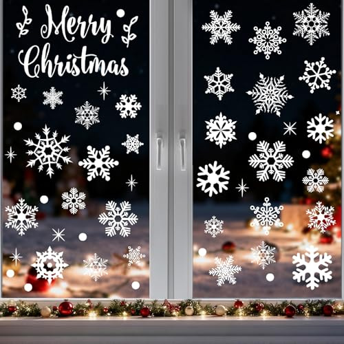 Inreeme Pegatinas Navidad Ventanas Cristal - 9 Hojas Decoracion Navidad para Ventana y Escaparate, PVC Vinilos Navideños Reutilizables, Blanco Adornos Adhesivos de Natal con Copos de Nieve