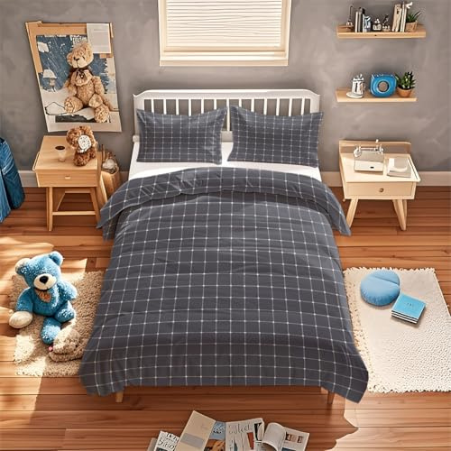 ViblyCoz Double Bed Duvet Cover Set Dark Grey with Grid 3 Piece Bedding with 1 Duvet Cover and 2 Pillowcases 200x200cm