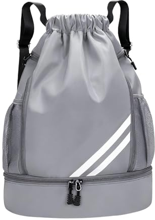MJFENDAI Turnbeutel Sportbeutel mit Kordelzug, Verstellbar Tunnelzug Rucksack, Sporttasche mit Ballfach Bodenfach Wasserdicht Rucksack für Erwachsener Jugend, Sport und Reisen (Grau)