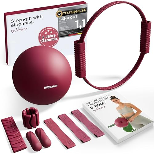 NEOLYMP Pilates Set für Zuhause – Pilates Ball, Pilates Ring & Gewichte – Komplettes Pilates Zubehör Set – inkl. Pilates Bänder, 1kg Hanteln & E-Book – Pilates Essential Kit (Pilates Set | Berry)