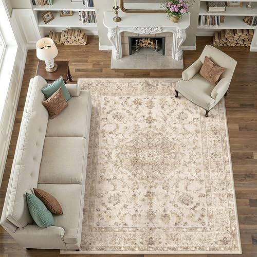 PureCozy Teppich Wohnzimmer 240x300cm Waschbarer Vintage Beige Tepiche for Schlafzimmer rutschfest kurzflor Weich Böhmischen Retro Groß XXL Carpet für Küchen Esszimmer Bedroom Büro Living Room