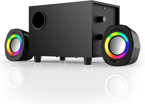 WMQ 2.1 PC Speakers with Subwoofer, Desktop Computer Speakers Gaming, Speakers for Monitor, Stereo Speaker Set, 3.5mm Aux, USB Powered, Volume Control, LED Lights, Black