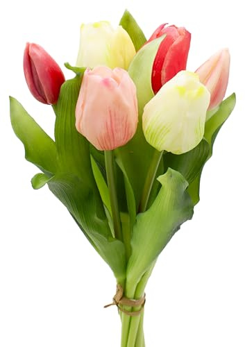 mucplants künstliche Tulpen Tulpenbündel mit 4 Tulpen und 3 Tulpenknospen real Touch (Pink/Creme)
