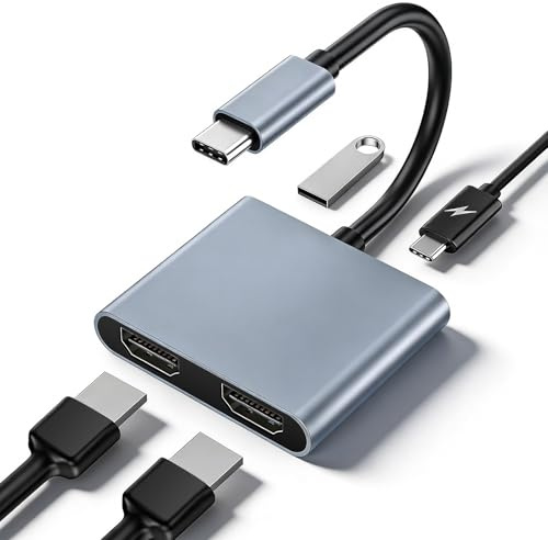 USB C to Dual HDMI Adapter for 2 Monitors, HDMI Splitter Extended Display, Type C to HDMI Adapter, 4K Video & USB 3.0 & PD 100W, Compatible with i-Phone, i-Pad, MacBook, HDTV, Monitor, Projector