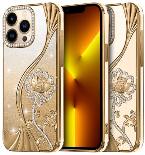 LEVIOSA for iPhone 13 Pro Max Case 6.7 Inch, Glitter Rhinestone Bling Lotus Cover for Women Girls, Soft TPU Shockproof Bumper with 2 Interchangeable Glitter Inserts Gold