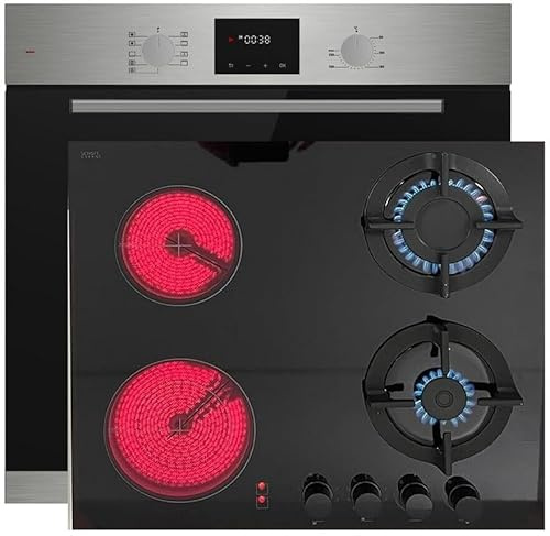 Böhme Einbaubackofen HB60F78PPX 78L Edelstahl mit Heißluft, 9 Funktionen, Timer, Teleskopauszug + Gasline GAE60HY 60 cm Kombi Elektro/Gas Kochfeld SCHOTT CERAN, 2 Gasbrenner, 2 Elektro-Kochzonen