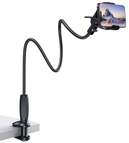 Lucrave Flexible Gooseneck Phone Holder for Bed/Desk, Fits 4-7 Phones | Flexible Long Arm Gooseneck Holder, 360° Adjustable Clamp for Bed/Desk, Fits iPhone 17/16/15 Pro Max, all 4-7 Phones, Black