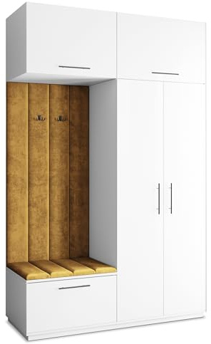 Masseno Flugarderoben Set Rema, Kleiderschrank-Set mit Sitzbank, Garderobenschrank Flur mit 5 Regalböden, Weiß