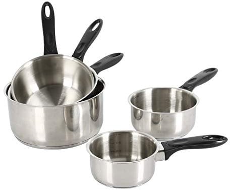 Crealys 501534 Lot de 5 Casseroles Acier Inoxydable Ø12/14/16/18 et 20 cm Gamme ESSENTIAL - Poignée Thermorésistante - Tous Feux dont Induction