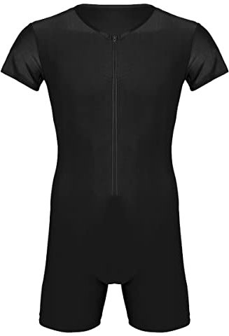 TiaoBug Herren Body Stringer Bodysuit Overall Unterhemd Männer Unterwäsche Enger Anzug mit langem Bein Schwarz Kurzarm XL