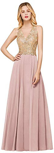 Misshow Robe de Soirée Vintage Longue avec Appliques à Fleurs Robe Femme Formelle Cérémonie Rose 32