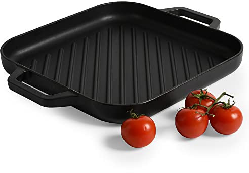 ProCook Matte Black Square Cast Iron Griddle with Ridged Inner Base Enamel Coated Induction & Oven Safe Cookware - 26 x 26 x 3 cm