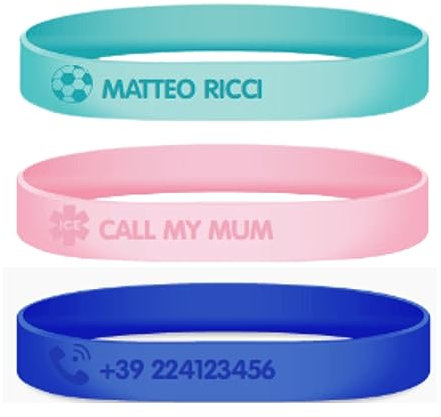 Stellasticker - Braccialetto SOS personalizzabile per bambini con nome e numero di telefono, resistente, impermeabile, senza inchiostro. Ideale al mare, vacanze e gite. (Nero, 14 cm)