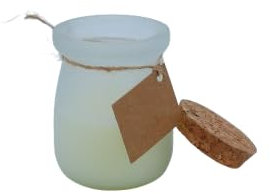 Candela profumata in vetro, aroma vaniglia, con tappo in sughero e scatola.
