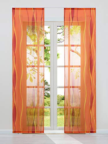HeichkelL 2-TLG Voile Schiebegardine Flächenvorhänge mit Wellendruck Transparente Dekogardinen inkl. Klettband und Befestigungszubehör Orange 2X 57x175 cm
