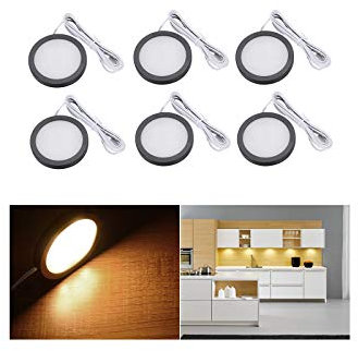 Midore LED Schrankbeleuchtung Unterbauleuchte 6er Set 15W Vitrinenbeleuchtung Rund Kabinett Beleuchtung mit Stecker und 3M Kleber für Kleiderschrank, Weinschrank, Küche