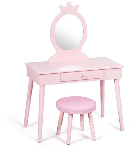 COSTWAY Kinder Schminktisch, 2 in 1 Make-up Tisch & Schreibtisch mit abnehmbarem Spiegel & Hocker, Frisiertisch mit Schublade & Kiefernbeinen, Kosmetiktisch bis 65kg belastbar, 70 x 34 x 100cm (Rosa)