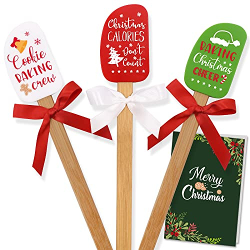 3PCS Christmas Silicone Spatula Set Decor Baking Gifts for Mom Flipping cake Food Grade Heat Resistant Kitchen Utensil Cooking Mixing Festival Wooden Handle and Ribbon Bows with greeting card present