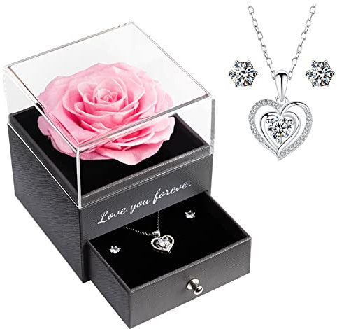 Yamonic Handmade Eternal Rose with Jewellery Set, Preserved Rose Box Gifts for Mum on Mother's Day, Birthday & Valentine's Gifts for Her, Love You Forever