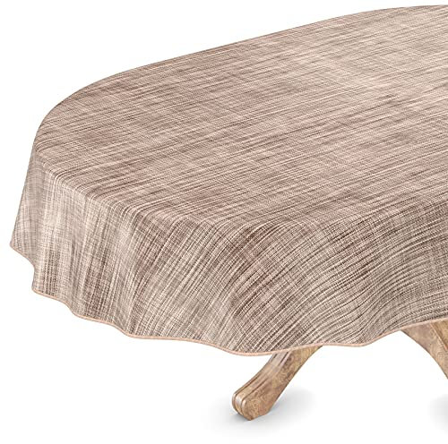 Tischdecke abwaschbar Wachstuch Wachstuchtischdecke Gartentischdecke Leinen-Optik Pflegeleicht Wasserabweisend 160 x 140 cm (Oval) Braun mit Saum
