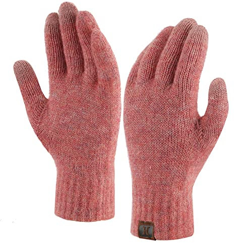 ZASFOU Guanti invernali da donna con schermo touch screen, per il freddo, in filato riciclato, con fodera in pile, Rosa/Rosso, Taglia unica