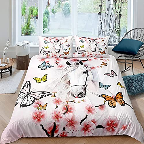 Loussiesd Pferdebettwäsche Set Schmetterling Sukura Bettbezug Set für Mädchen Bauernhof Tier Bettwäsche Set Bauernhaus Pferd Bettwäsche Set 135x200cm mit 1 Kissenbezug 80X80cm