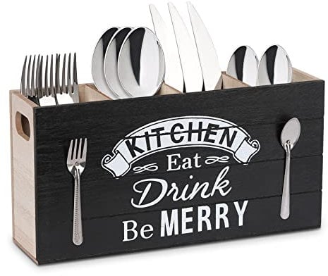 JAZUIHA Besteckkorb Tisch, 4 Fächer Besteckhalter aus Holz, Besteck Organizer Besteckbox Besteckkasten Utensilienhalter, Besteckständer für Arbeitsplatte Küchentisch Schrank Küche Party, Schwarz