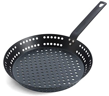 Merten & Storck Carbon Steel BBQ Perforated Frying Pan 30cm, Perforations for Oil and Fat Drainage, Barbecue, Camping, Grill, Outdoor Cooking, Black