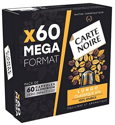 Carte Noire, Espresso Lungo, capsules en aluminium compatibles avec Nespresso, 1 paquet de 60 dosettes de café, 100% arabica, notes torréfiées et noix, intensité 8/10, texture riche, capsules de café