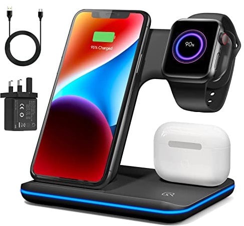 Wireless Charger 3 in 1, Wireless Charging Station for iPhone 16/15/14/13/12/11 and Apple Watch 8/7/6/5/4/3/2/SE, Charging Dock for AirPods 1/2/3/ Pro/Pro 2 with Lightning Port