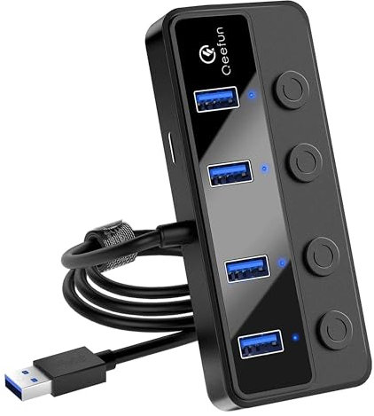 Qeefun 4-Port USB Hub 3.0, individuelle LED Power Switches, 2ft USB Verlängerung, 5V/3A USB Extender für Laptop, PC, USB Flash Drives, und mehr