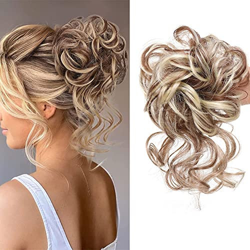 Chignon Capelli Finti con Elastico per Capelli,Riccio Ondulato chignon riccio per capelli Estensioni dei Capelli Sintetici per Donne (12H613 (marrone medio mescolare biondo fragola)