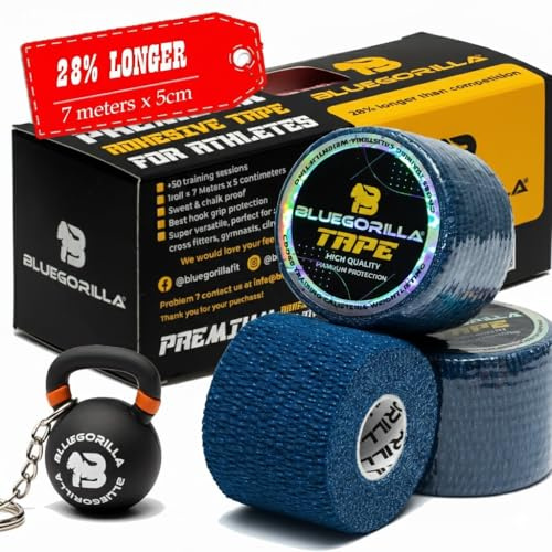BLUEGORILLA Crossfit Tape, Sport Tape - 7 Meter x 5 cm - fingertape, Grip Tapes - Finger Tape, elastische Bandage Grips - Packung mit 3 oder 6 Rollen. Schlüsselanhänger als Geschenk.