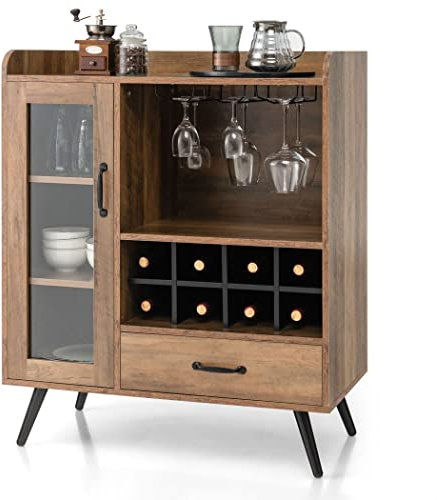 COSTWAY Wine Cabinet Sideboard, Kitchen Storage Cabinet with 8 Removable Wine Rack, Glass Holder, Drawer, Tempered Glass Door and Anti-tipping Device, Wooden Buffet Cupboard for Dining Living Room